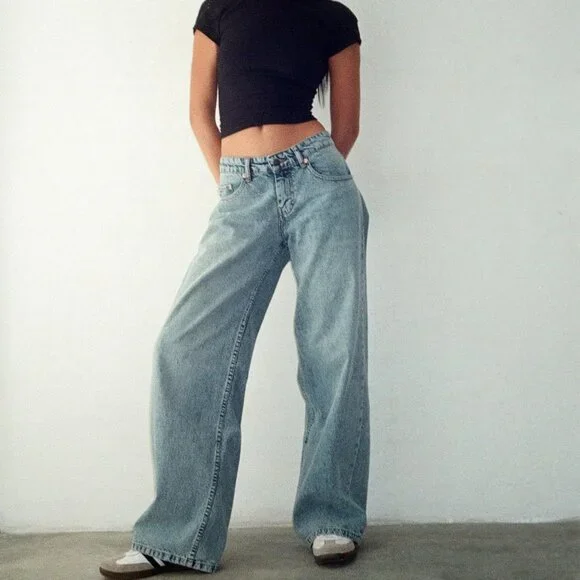 Women Y2K Low Rise Baggy Jeans Vintage Wide Leg Casual Denim Pants